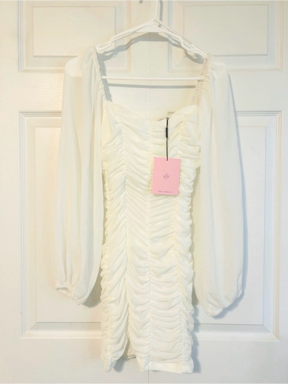 Hello Molly White Ruched Long-Sleeve Mini Dress